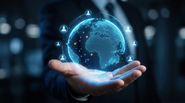 Customer experience survey concept with global network and service evaluation icons.
