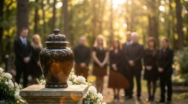 Black ceramic cremation urn on a pedestal during a sunset memorial ceremony.