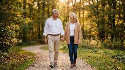 Fototapeta premium Happy senior active caucasian couple holding hands while walking in an autumn park.