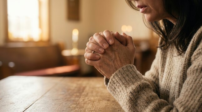 A woman praying to God for blessings during a Christian life crisis.