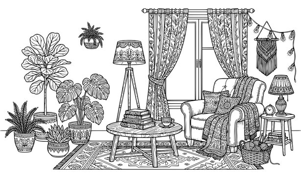 Cozy living room interior with armchairs, plants, curtains, lamps, coffee table and window outline illustration