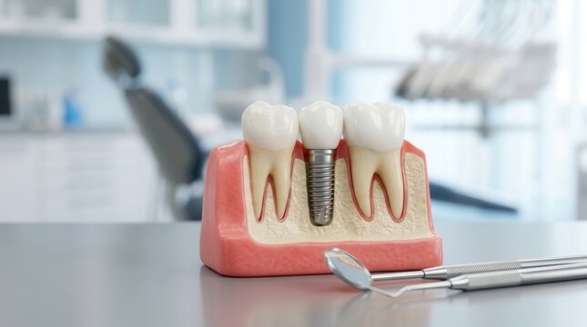 Dental implant model next to a natural tooth with dental mirror and explorer tools.