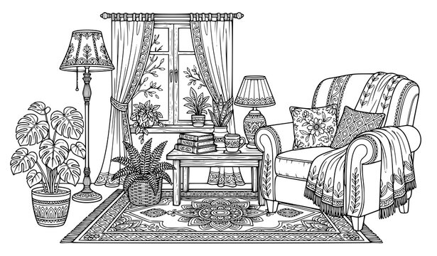 Comfortable living room scene featuring armchair, floor lamp, curtains, plants and coffee table line drawing