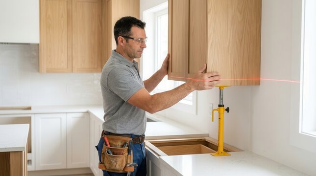 Professional cabinet installer mounting upper wooden cabinets with a laser level and support jack.