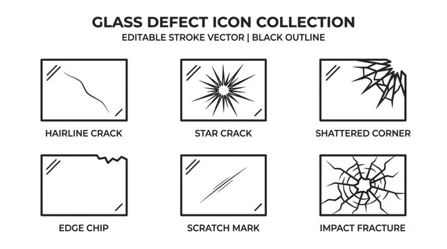 Glass defect icon collection illustrates various types of damage, such as hairline cracks, star cracks, shattered corners, edge chips, scratch marks, and impact fractures on a clear, clean surface.