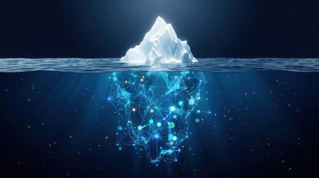 Digital iceberg floating in a dark blue sea with underwater data connection.