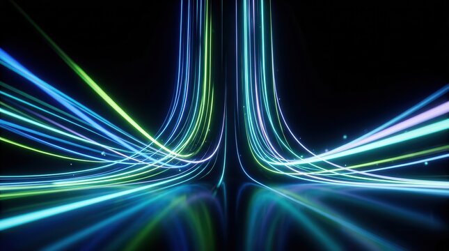 3D illustration of neon green and blue lines moving upwards on an abstract black background.