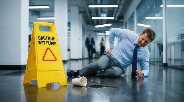 A man suffers a slip and fall accident near a yellow caution wet floor sign in an office.