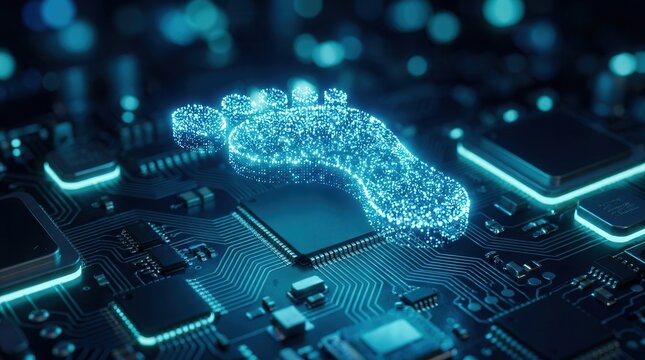 Glowing blue digital footprint particle icon on a dark futuristic electronic circuit board.