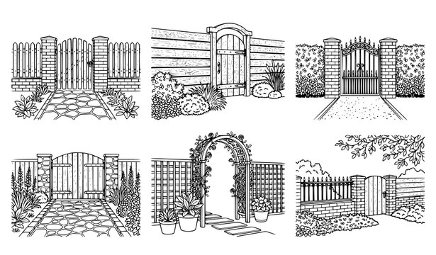 Decorative garden fences and gates with brick pillars, stone paths and climbing plants outline illustrations