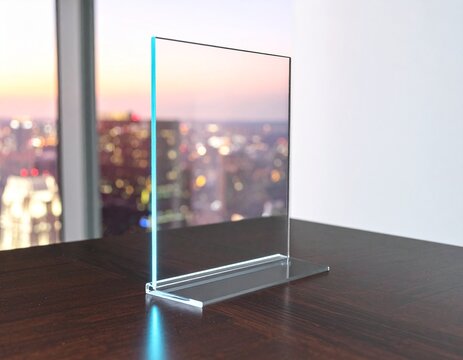 Futuristic blank transparent glass panel mockup on an executive desk with cyan edge light