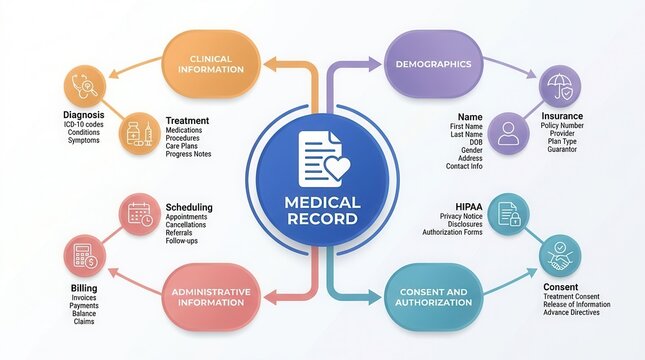 Comprehensive medical record flowchart outlining clinical data and demographics.