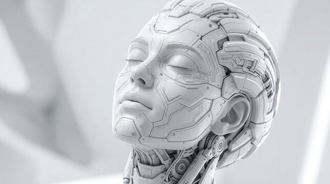 Serene female android face formed by complex white abstract circuitry shapes.