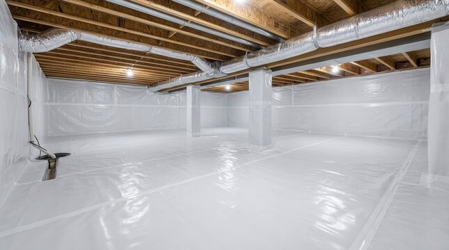 Basement crawl space with full vapor barrier encapsulation and wrapped support columns.