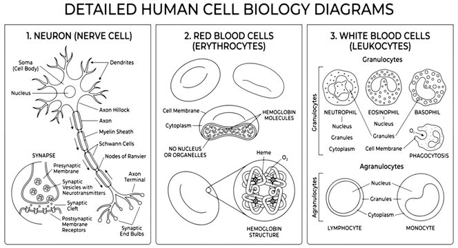 Detailed Human Cell Biology Diagrams, educational vector illustrations of neuron, red blood cells, and white blood cells, scientific medical biology set