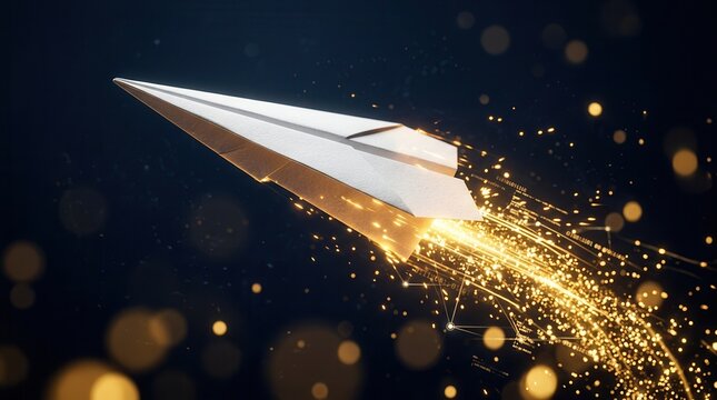 Paper plane launching with a sparkling digital trail to symbolize digital adoption.