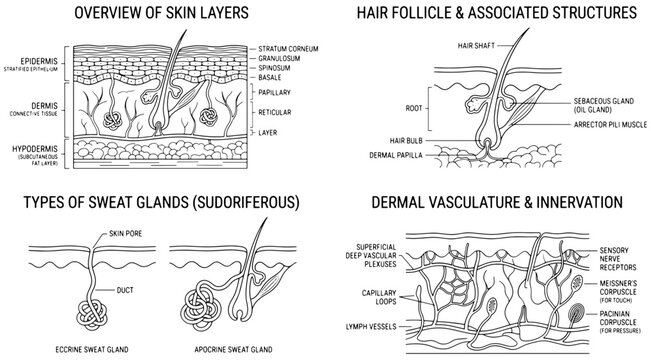 Detailed Human Skin Anatomy Vector Set, Hair Follicle, Sweat Glands, Dermal Vasculature, and Innervation Diagrams