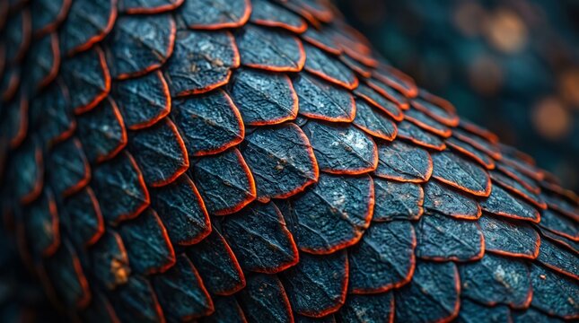 Macro view of blue dragon scales with orange edges