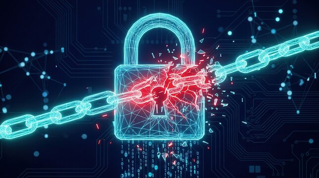 Cyber security breach and data theft concept featuring a broken digital lock and glowing chain.