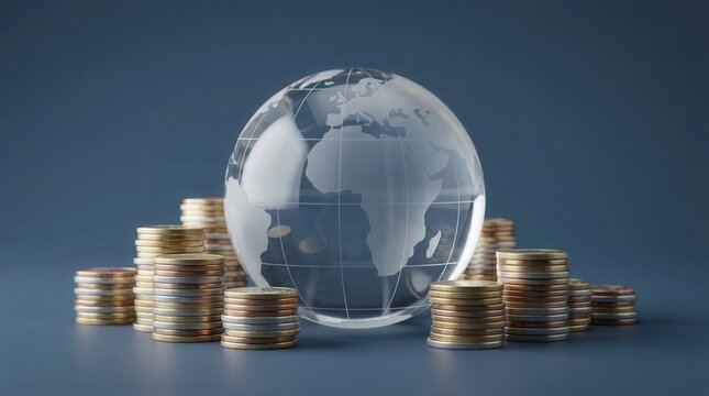 Crystal globe on stacks of coins representing the global finance system and economy.