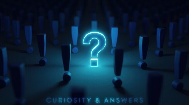 A glowing blue question mark stands out amidst a crowd of exclamation points on a dark background.