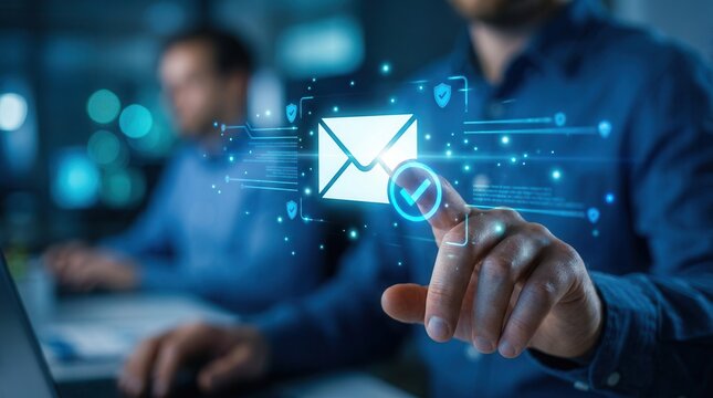 Modern email authentication interface featuring a secure envelope with a check mark for cybersecurity.