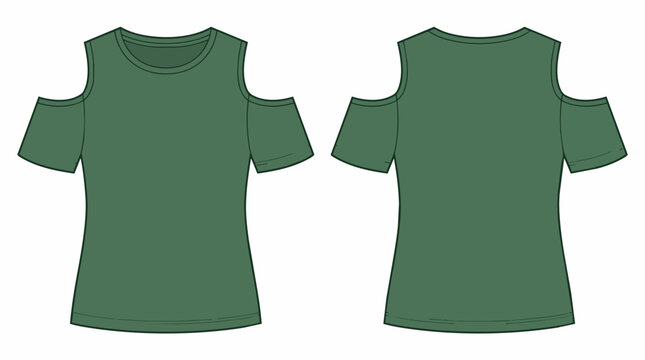Dark Green Women Cold Shoulder Top Short Sleeve T-shirt Technical Drawing Template Front and Back View Fashion Sketch