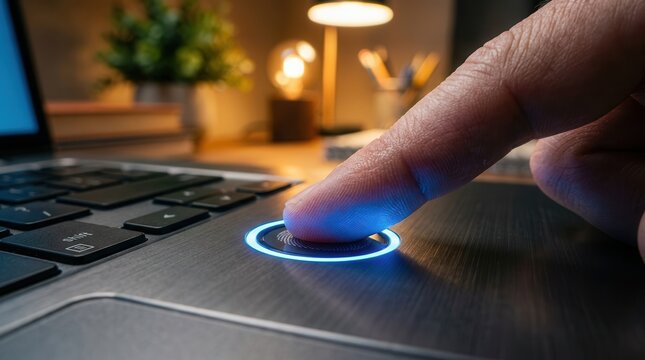 Extreme close up of a person pressing a biometric fingerprint scanner sensor with glowing blue light on a laptop.
