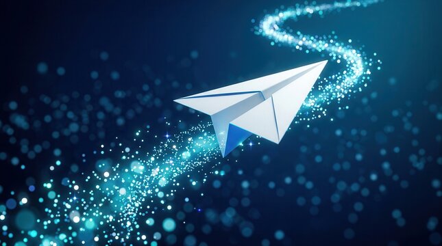 A white paper airplane flies over a luminous digital path representing technology onboarding.