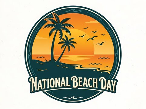 National Beach Day Vintage Badge With Palm Trees And Sunset