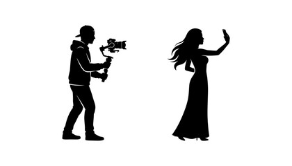 Naklejka premium Vector silhouettes set of videographer filming with camera stabilizer gimbal and woman taking selfie with smartphone concept