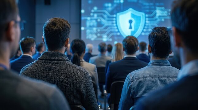 Corporate seminar attendees listening to a cybersecurity training presentation.