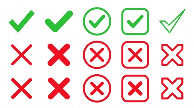 Minimal check and &ldquo;X&rdquo; icons in varied shapes, symbolizing approval, rejection, and digital interface design in simplified illustration.