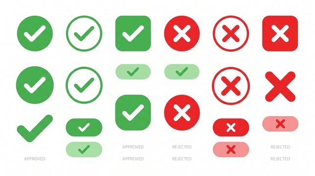 Minimal check and &ldquo;X&rdquo; icons in varied shapes, symbolizing approval, rejection, and digital interface design in simplified illustration.