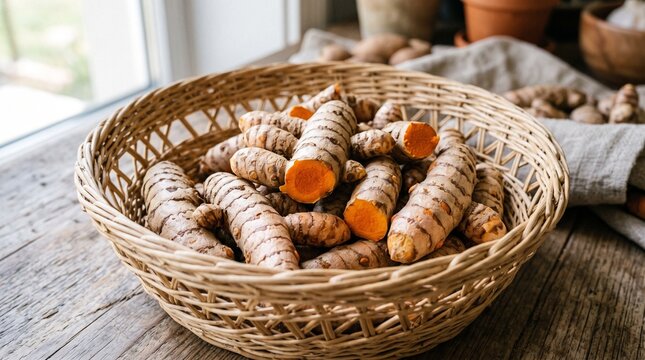 Fresh organic turmeric roots in wicker basket on wooden table