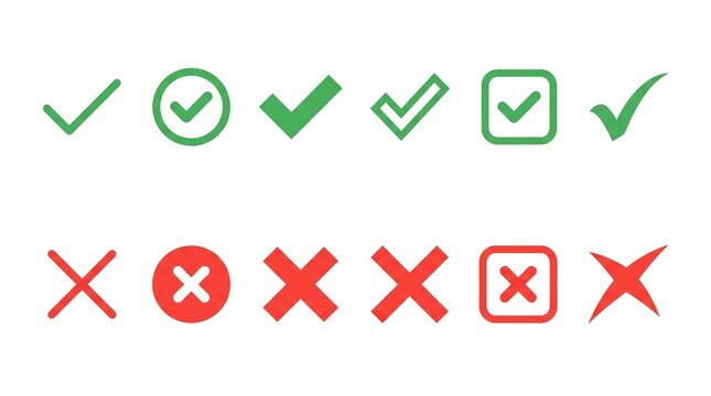 Minimal check and &ldquo;X&rdquo; icons in varied shapes, symbolizing approval, rejection, and digital interface design in simplified illustration.