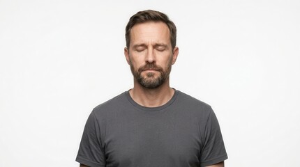 Obraz premium Studio portrait of a middle-aged Caucasian man with a beard and closed eyes on white background.