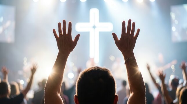 A group of people sing praise and pray to God during a Christian worship concert.