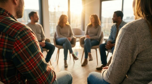 Adults seated in a group therapy circle supporting recovery in addiction treatment.