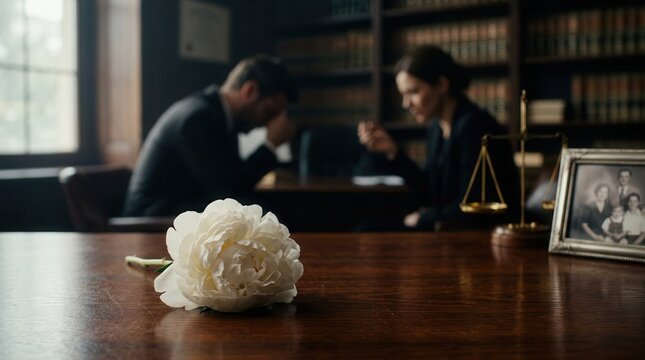 White flower on a wooden table with blurred scales of justice and a family photo representing wrongful death.