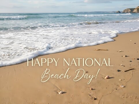 Happy National Beach Day Foamy Waves Sandy Shore Seashells Photo