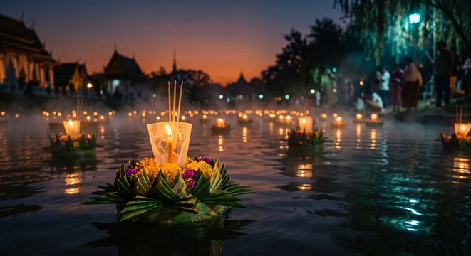 Thai Floating Lanterns on River at Dusk