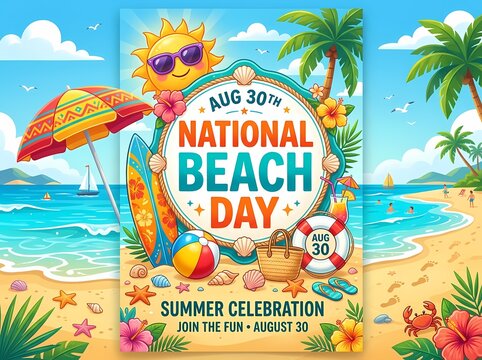 National Beach Day Summer Celebration Poster August 30 Tropical Fun