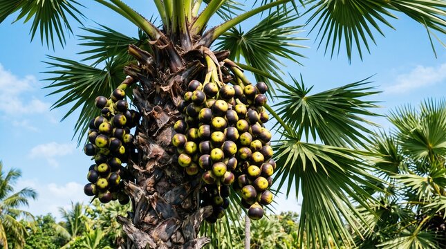 Cluster of Palmyra palm fruits on a sunny day