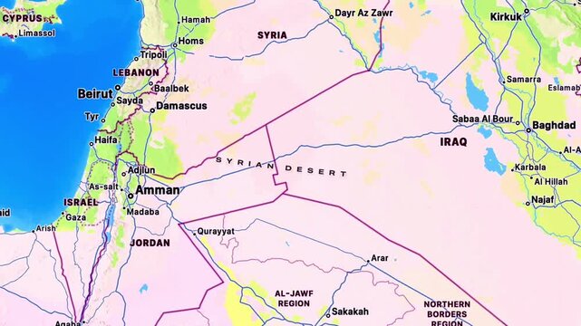Detailed Map of Israel, Iran and Middle East Showing Regional Borders, Countries, Seas and Strategic Geographic Locations for Global Geography