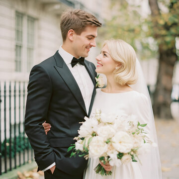 Newlywed groom and bride embracing, sharing a happy moment after their wedding ceremony, holding a beautiful white bouquet