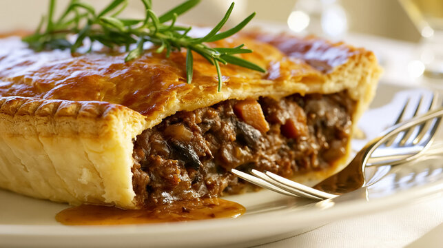 Hearty meat pie with golden puff pastry crust and savory beef stew filling, garnished with fresh rosemary, ready to eat