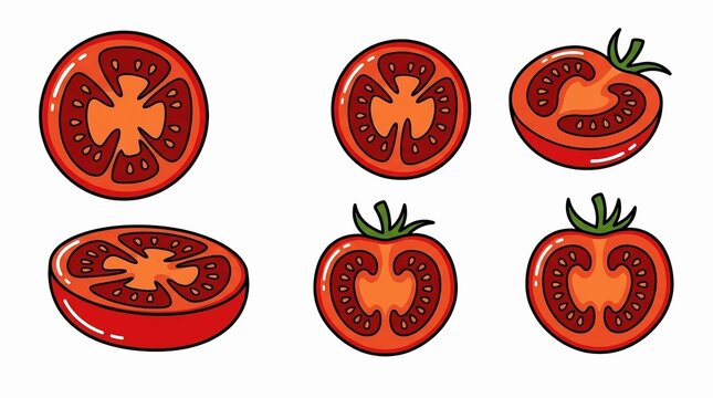 Fresh Red Tomato Slices Isolated on White Background, Healthy Organic Food Vector Illustration