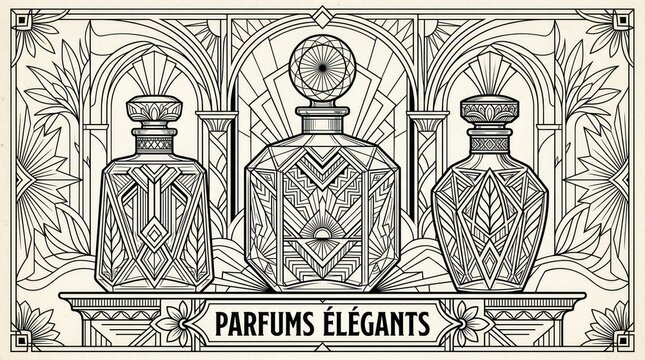 Sleek Black and White Art Nouveau Style Perfume Bottles Set with Elegant Architectural and Floral Designs Parfums l gants