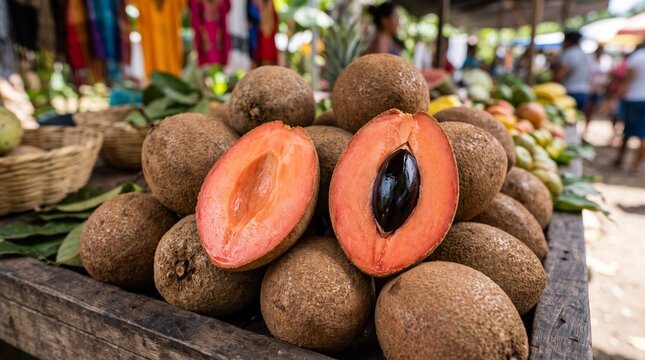 Fresh mamey sapote fruit on a rustic wooden market table